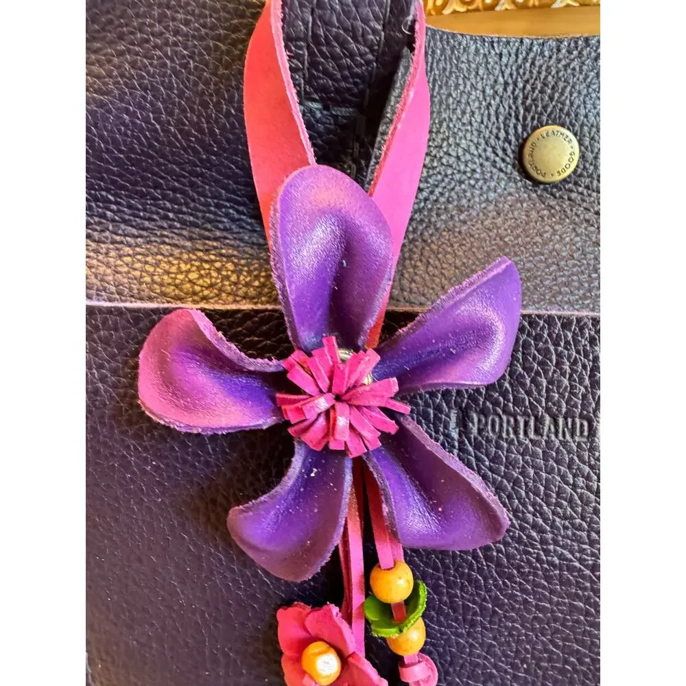 Purple Daisy Flower Leather Bag Charm Genuine Leather Purse Crossbody Keychain